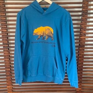The North Face Blue Hoodie with Yellow Bear Graphic